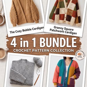 Op de afbeelding: Een 4-in-1 haakpatronenbundel met vier vesten: een beige vest met bobbelsteek, een veelkleurig granny square patchwork vest, een grijs geribbeld vest en een veelkleurig color-block vest met zakken.