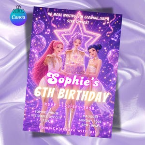 Op de afbeelding: Een paarse verjaardagsuitnodiging met de tekst "Sophie's 6th Birthday". Het ontwerp toont drie geanimeerde figuren, een taart en een ster. De uitnodiging bevat RSVP-informatie, datum, tijd en adresgegevens.