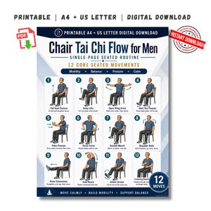 Op de afbeelding: Een afdrukbare digitale download getiteld "Chair Tai Chi Flow for Men". De routine van één pagina bevat 12 kernbewegingen in zittende positie. Het ontwerp bevat illustraties van elke oefening, met de woorden "Mobiliteit, Balans, Houding, Rust."
