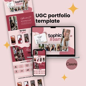 May include: A digital UGC portfolio template displayed on a laptop screen and a smartphone, featuring a pink and maroon color scheme. The layout includes sections for a biography, video portfolio, photography examples, and brand logos with the text UGC portfolio template and Canva.