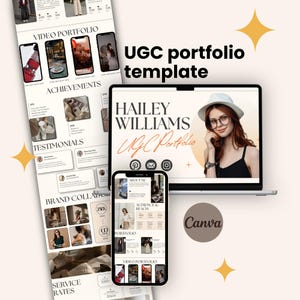 May include: A digital UGC portfolio template displayed on a laptop and smartphone screen. The layout features sections for video portfolios, achievements, testimonials, and brand collaborations, with the text UGC portfolio template and Canva logo.