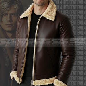 Veste Leon Kennedy Resident Evil 4 - Veste en cuir véritable marron peau lainée Leon Kennedy pour homme