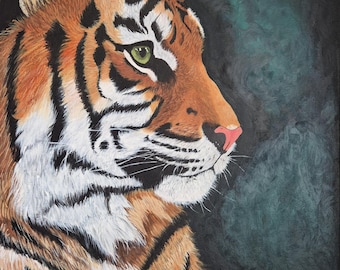 Original Tiger Acrylic Painting, "Green Tiger's Eye", Stretched Canvas Wall Art