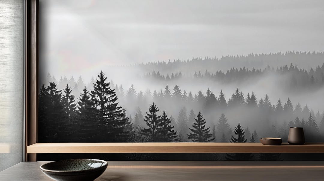 Misty Mountain Forest Wallpaper | Pine Trees Grey Landscape Wall Mural ...