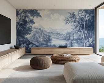Blue Toile Wallpaper Mural | Vintage French Countryside Peel and Stick Wall Decor, Removable Wallcovering