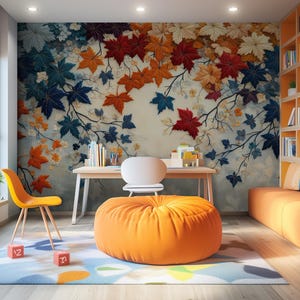 Autumn Leaf Embroidered Mural: Peel & Stick Canvas Wallpaper