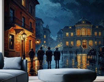 Vintage City Night Wallpaper Mural, Peel and Stick Wall Art, Moody Urban Scene