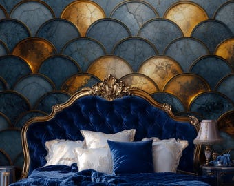 Mural de papel pintado autoadhesivo con diseño festoneado dorado y azul marino para dormitorio y sala de estar.
