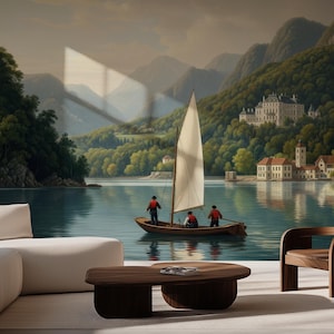 Mountain Lake Wallpaper Mural with Vintage Rowboat and Hilltop Mansion | Peel and Stick
