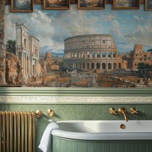 green and gold bathroom wall mural