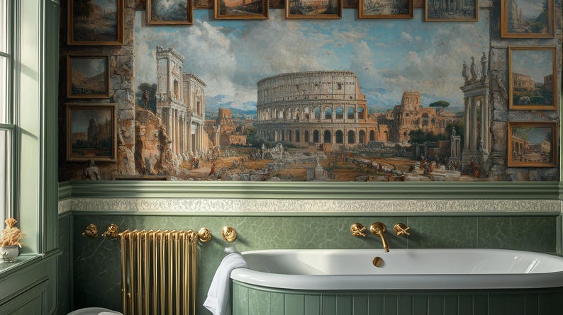green and gold bathroom wall mural