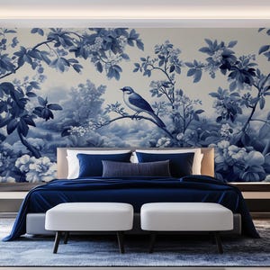 Blue Chinoiserie Wallpaper: Vintage Bird & Floral Peel and Stick Mural