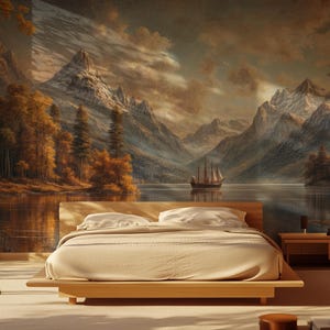 Autumn Lake Mountain Mural: Peel and Stick Canvas Wallpaper