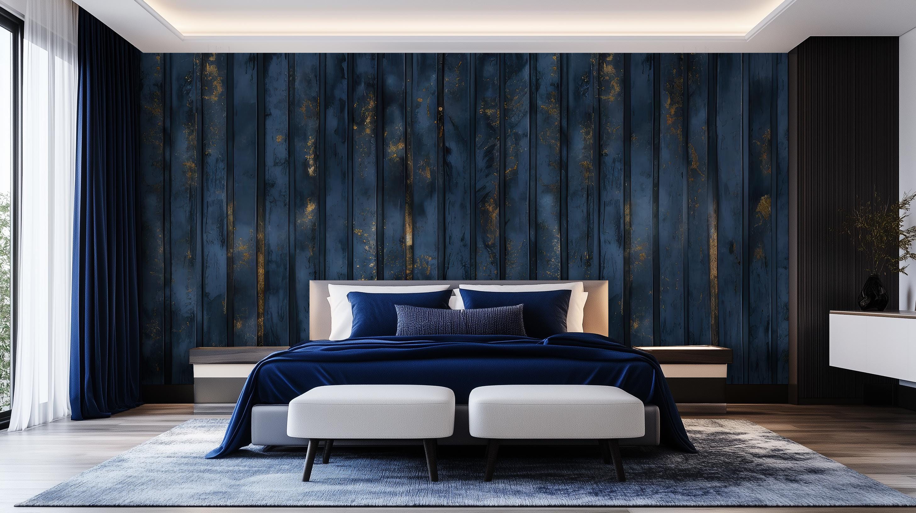 Navy Blue & Gold Peel and Stick Wallpaper Mural: Canvas Texture, Removable Vinyl