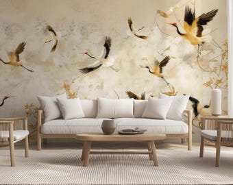 Elegant Crane Wallpaper Mural | Nature Wall Art | Removable Vinyl Wall Covering | Peel and Stick