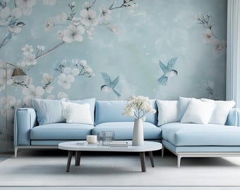 Soft Blue Chinoiserie Bird Blossom Peel and Stick Wallpaper Mural for Bathroom Bedroom