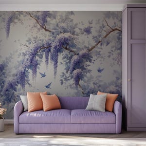 Wisteria Floral Peel & Stick Wallpaper Mural, Removable Vinyl Non-Woven Purple Flower Mural, Commercial Canvas Texture for Room Decor