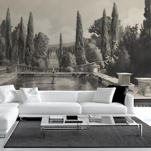 Vintage Italian Garden Mural: Elegant Black & White Landscape Wallpaper