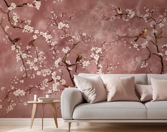 Carta da parati murale con fiori di ciliegio, decorazione murale con fiori di ciliegio rosa, carta da parati floreale staccabile e attaccabile, tessuto non tessuto