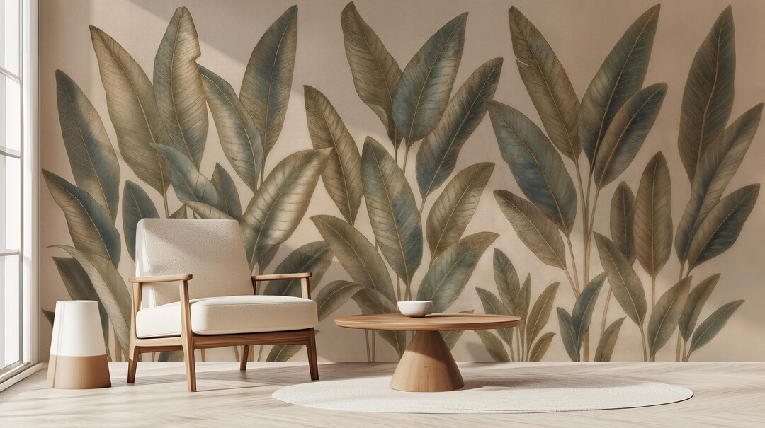Tropical Leaf Peel and Stick Wallpaper Mural, Botanical Wall Art, Green ...