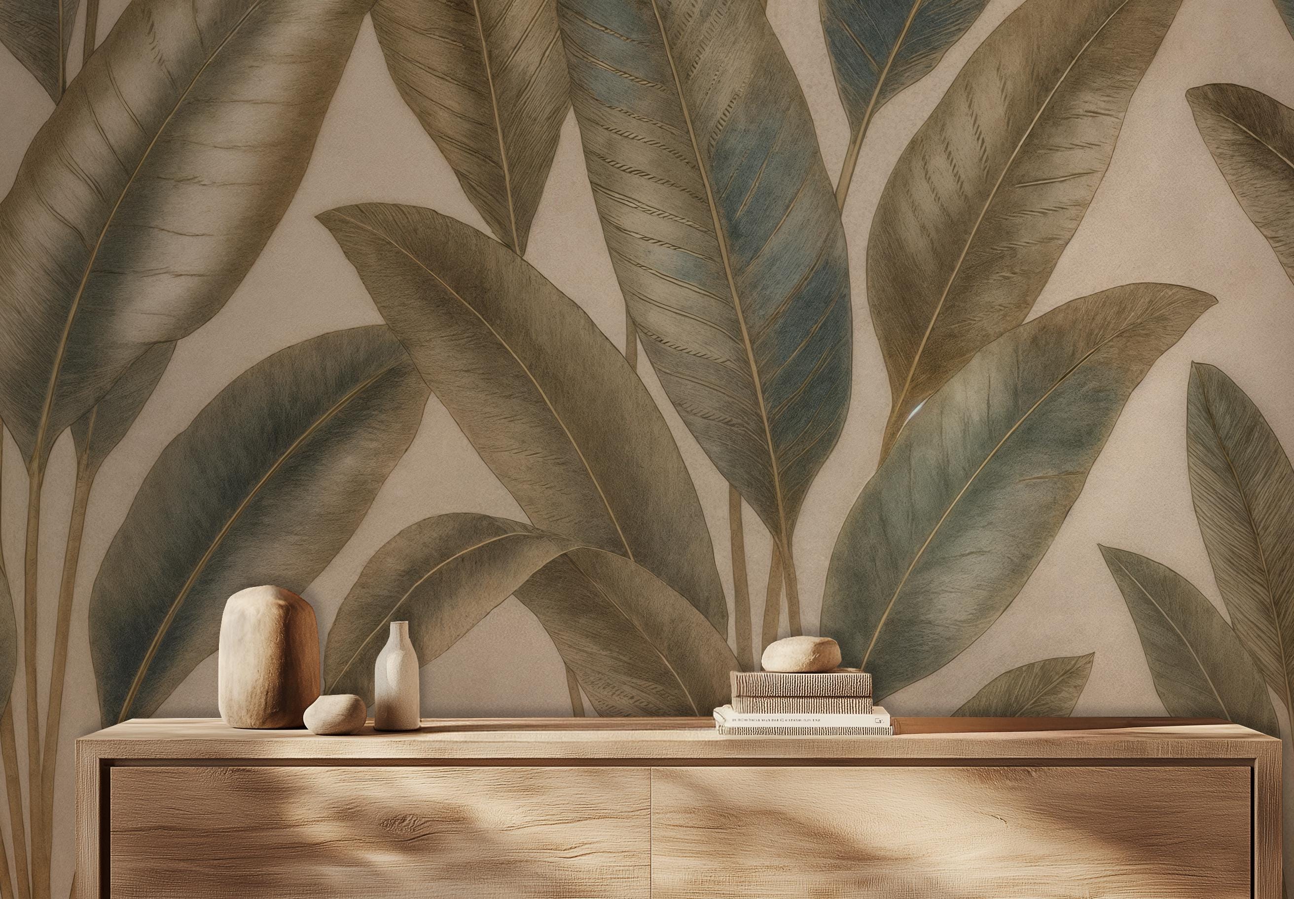 Tropical Leaf Peel and Stick Wallpaper Mural, Botanical Wall Art, Green ...