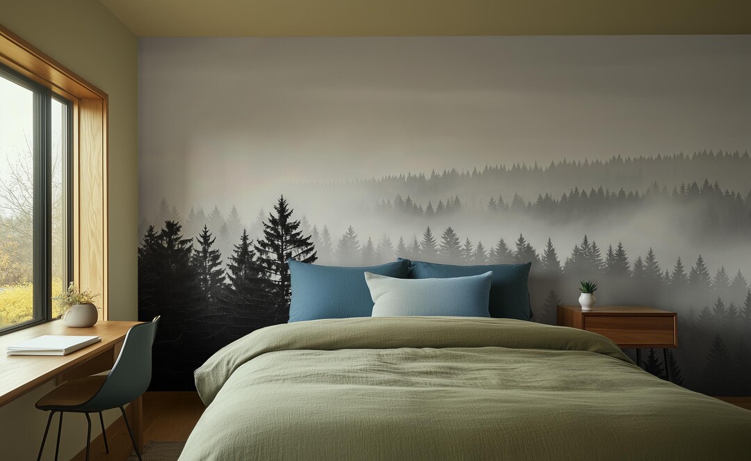 Green Misty Pine Forest Wallpaper Mural, Nature – Office – Peel and ...