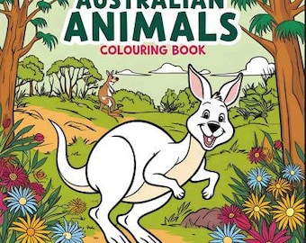 May include: A colouring book featuring Australian animals. The cover shows a white kangaroo with a happy expression, surrounded by colourful flowers and green foliage. The title "AUSTRALIAN ANIMALS COLOURING BOOK" is written in green letters.