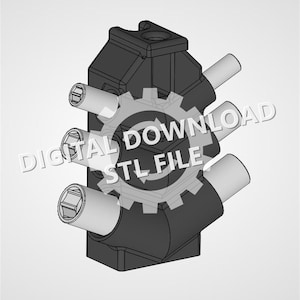 May include: A dark gray 3D model of a socket organizer block featuring three cylindrical sockets with square drive openings on the left side and protruding cylindrical posts on the right side. The text DIGITAL DOWNLOAD STL FILE is overlaid.
