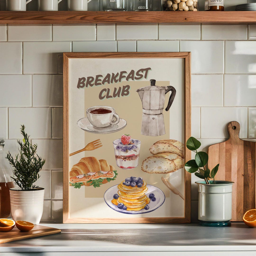 Breakfast Print Breakfast Club Kitchen Wall Art, Coffee and Croissant Print, Kitchen ...