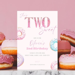 Invitation d'anniversaire douce | Invitation pour 2e anniversaire | DonutThème Anniversaire | Fête sucrée rose | Téléchargement numérique | carte d'anniversaire fille | B14