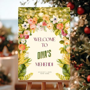 Floral Mehendi Welcome Sign: Indian Wedding Decor (Editable Canva Template)
