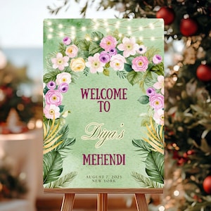 Floral Mehendi Welcome Sign: Indian Wedding Decor (Editable Canva Template)