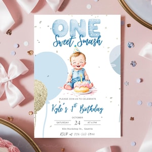 UNE invitation de fête d'anniversaire à thème Sweet Smash | Invitation à une fête modifiable pour le premier anniversaire de mariage | Téléchargement instantané | Modèle de toile | B32