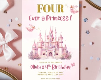 Four Ever A Princess 4th Birthday Invite, Princess Party, Girls Fourth Birthday, Pink Castle and Enchanted, Digital Download, Canva BR9