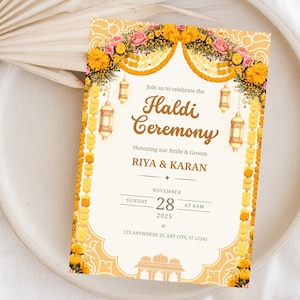 May include: A wedding invitation card with a yellow and orange floral design. The card reads "Haldi Ceremony" and includes the names Riya & Karan, date, and location. The card is decorated with flowers and lanterns.