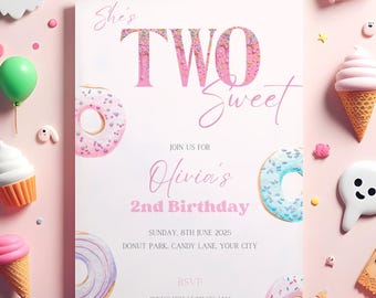 Two Sweet Birthday Invitation: Donut Theme, Pink Party (Digital Download, 5x7 in Canva Template)