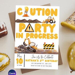 Invito di compleanno "Party in Progress Under Construction", invito modificabile per la festa dei bambini, escavatore e camion, compleanno di un bambino, modello Canva, B30
