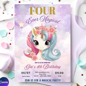 4ème anniversaire de licorne magique magique de Zazzle.be Liste d&#39;envies Vous avez des idées ? Téléchargement instantané | Toile modifiable | B43