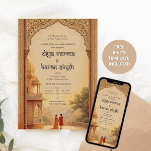 Modèle de faire-part de mariage indien du Rajasthan, invitation traditionnelle modifiable, design d'inspiration royale, téléchargement Evite, carte de mariage hindoue, W7