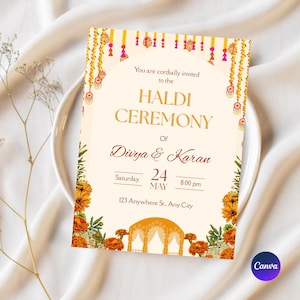Haldi-ceremonie-uitnodigingssjabloon | Bewerkbare Indiase bruiloftsuitnodiging | Goudsbloem en bloemdessin | Digitale download | Mehndi-kaart met bloemen HI-1