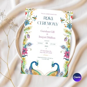 de faire-part de mariage indien paon | Carte numérique Roka personnalisée | faire-part de fiançailles | Invitation traditionnelle pendjabi à un événement | Télécharger