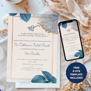 May include: An invitation card with a gold border and blue leaf accents. The text reads "Sandhu Family invites you...to celebrate the birthday of our son Veer Sandhu." A smartphone displays the invitation. Includes a free e-vite template.