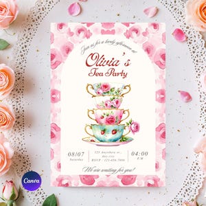 Convite para chá da tarde com tema floral, convite para chá da tarde, convite para chá da tarde para meninas, chá da tarde sonhador e extravagante com rosas cor-de-rosa, modelo editável, B42