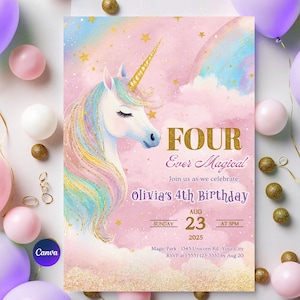 4ème anniversaire de licorne magique magique de Zazzle.be Liste d&#39;envies Vous avez des idées ? Modèle pastel arc-en-ciel | Faire-part magique | Téléchargement instantané | Anniversaire fille | B39d