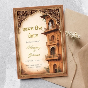 Indiase save-the-date-sjabloon | Bewerkbare Koninklijk Paleis-huwelijksuitnodiging | Zuid-Aziatische bruiloft Save the Date | Hindoe- en Punjabi-kaart, S14