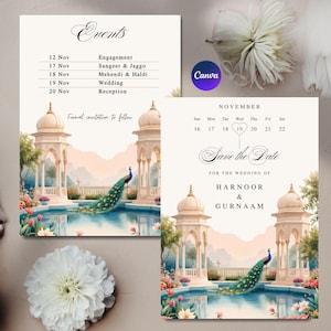 Modelo de convite indiano para salvar a data | Convite de casamento editável no Canva | Convite com calendário Royal Desi | Cartão de convite hindu Sikh Punjabi SD12