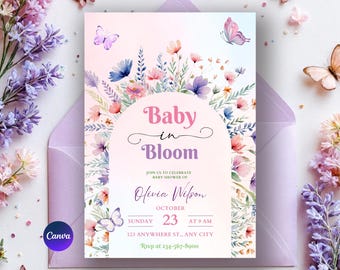Baby in Bloom Einladung: Schmetterling Wildblumen-Babyparty-Einladung (Canva-Vorlage, digitaler Download)