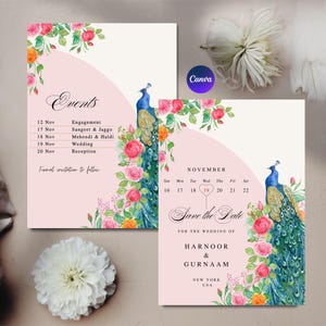 Modèle réservez une date indien paon | Faire-part de mariage en toile modifiable | Invitation calendrier Royal Desi | Carte d'invitation hindoue sikh pendjabi SD17