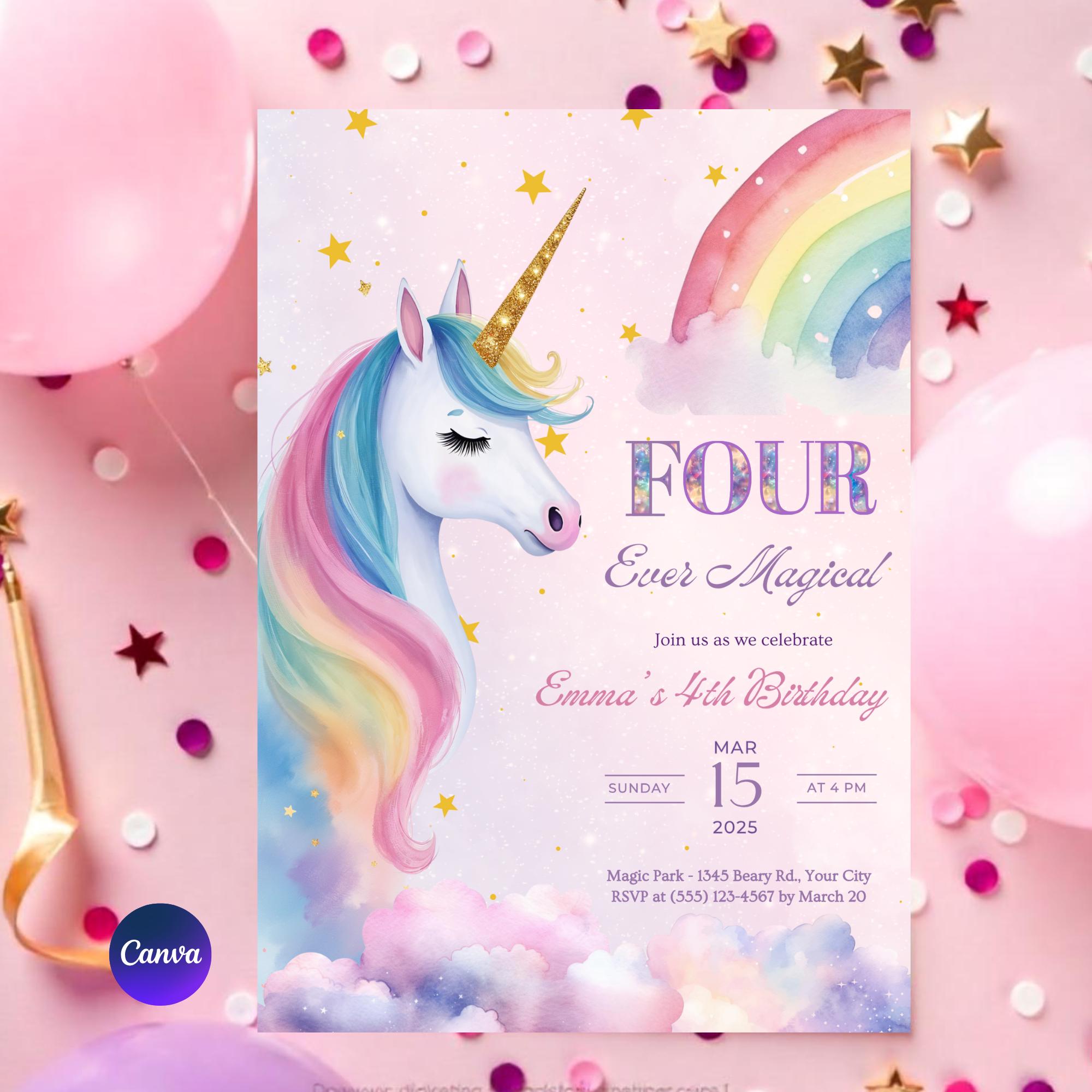 Four Ever Magical Unicorn 4th Birthday Invitation | Pastel Rainbow ...