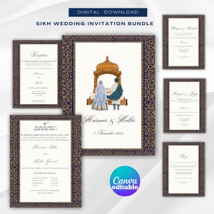 Pacote de convites de casamento Sikh em azul | Convites de casamento personalizados em Punjabi | Anand Karaj, Mehndi e mais | Download digital | Canva Edit WB3